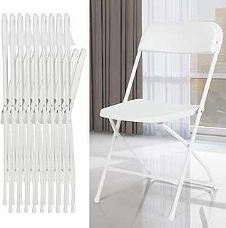 EconoHome 10 Pack White Plastic Folding Chairs, Heavy-Duty Steel Frame, Portable Stackable Foldable Chairs with Non-Slip Feet – Commercial Indoor/Outdoor Seating for Events, Weddings, Office, Parties