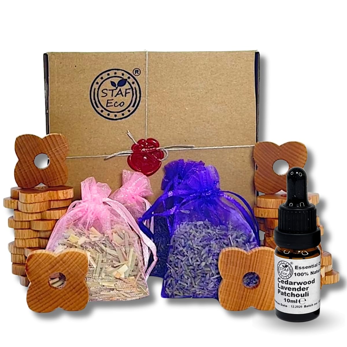 STAFECO Moth Repellent for Wardrobes Drawers Natural Moth Killer for Wardrobe Wood Rings with Oil (Lavender Cedarwood Patchouli) 28 pcs anti moths for Clothes (Medium Flower 1)