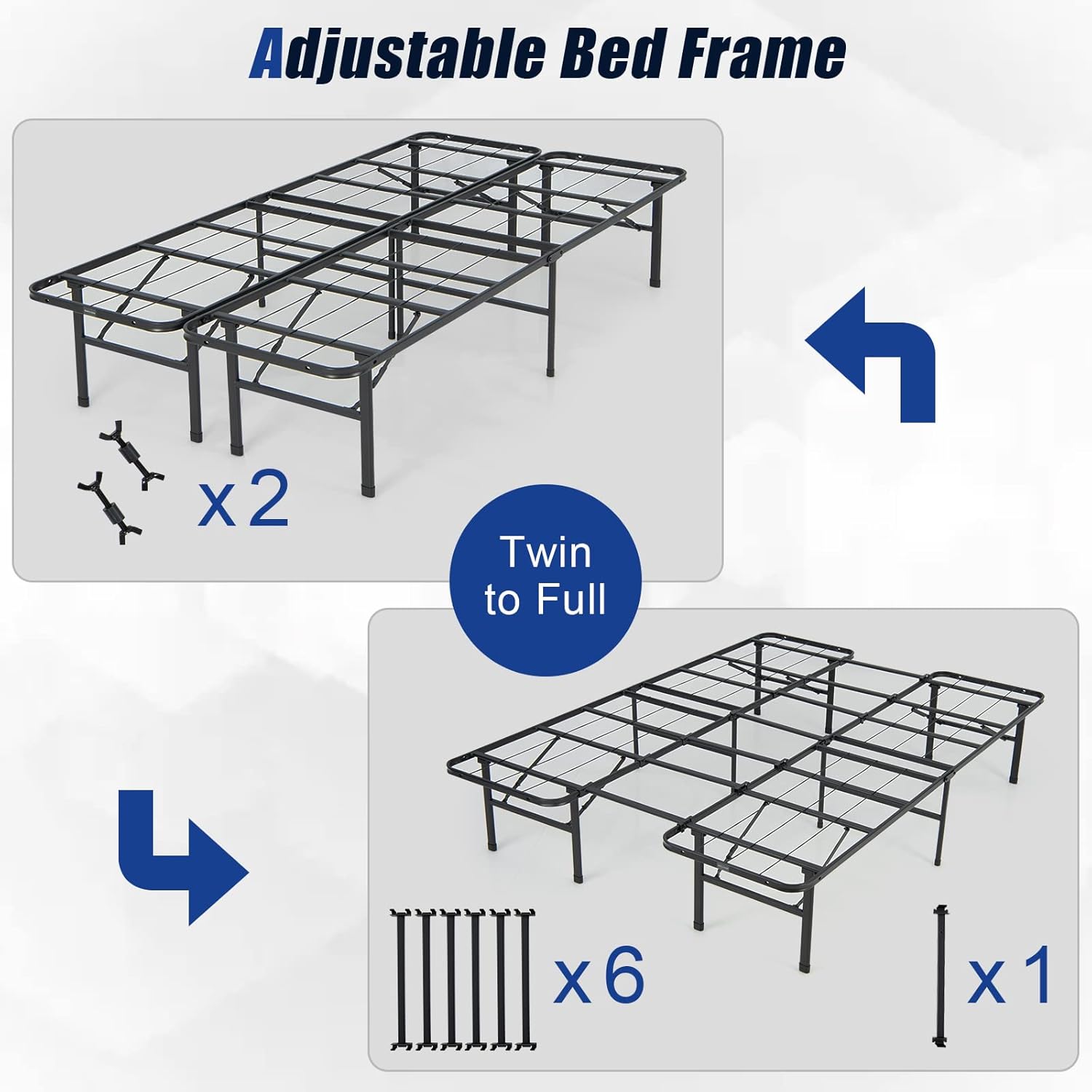Diagram showing conversion from Twin to Full size bed frame.