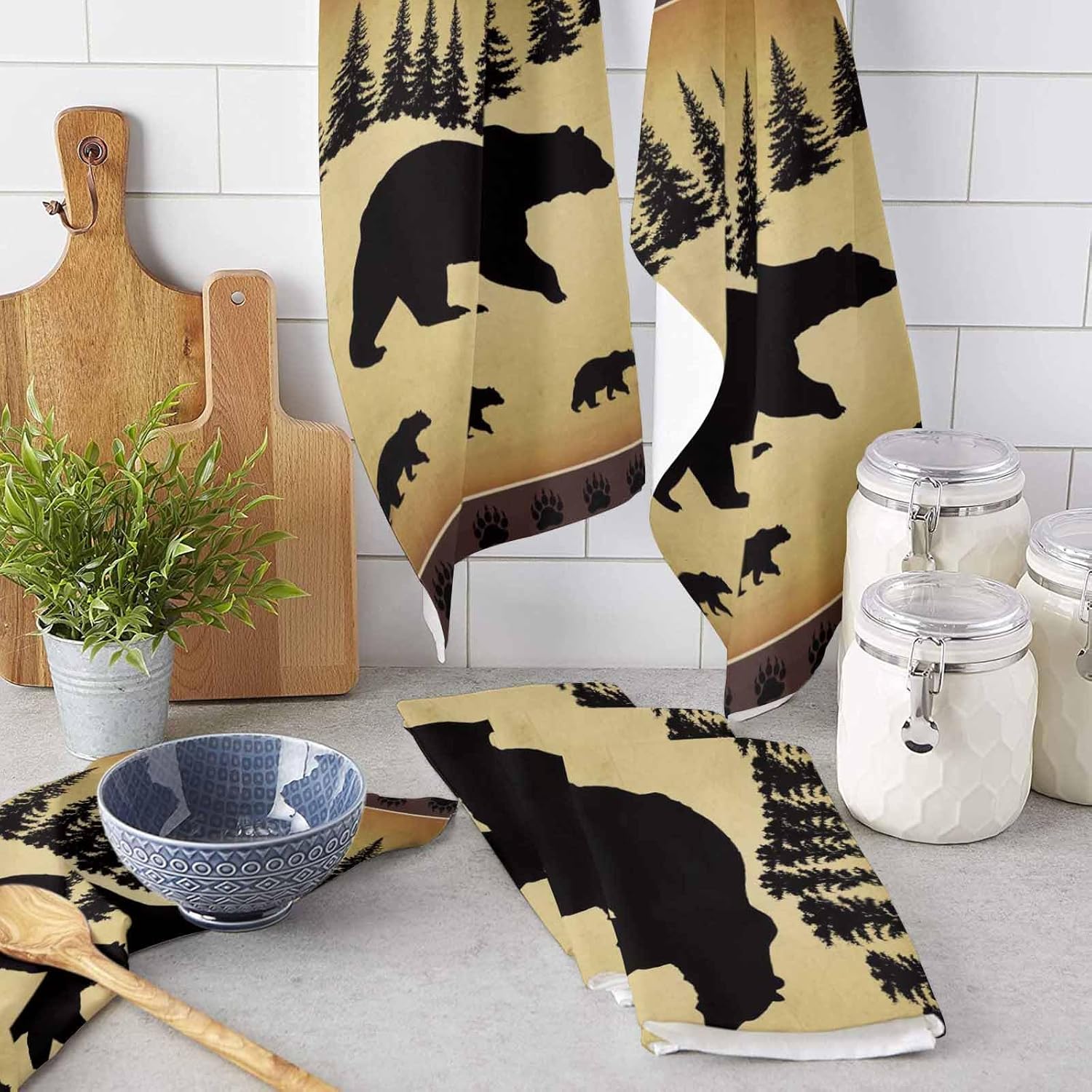 Kitchen Towel Set, Black Bear Forest Silhouettes Fast Drying Microfiber Kitchen Towels Dish Cloths, Tea Towels/Bar Towels/Hand Towels Vintage Farm Backdrop (Set of 4, 18x28 Inch)