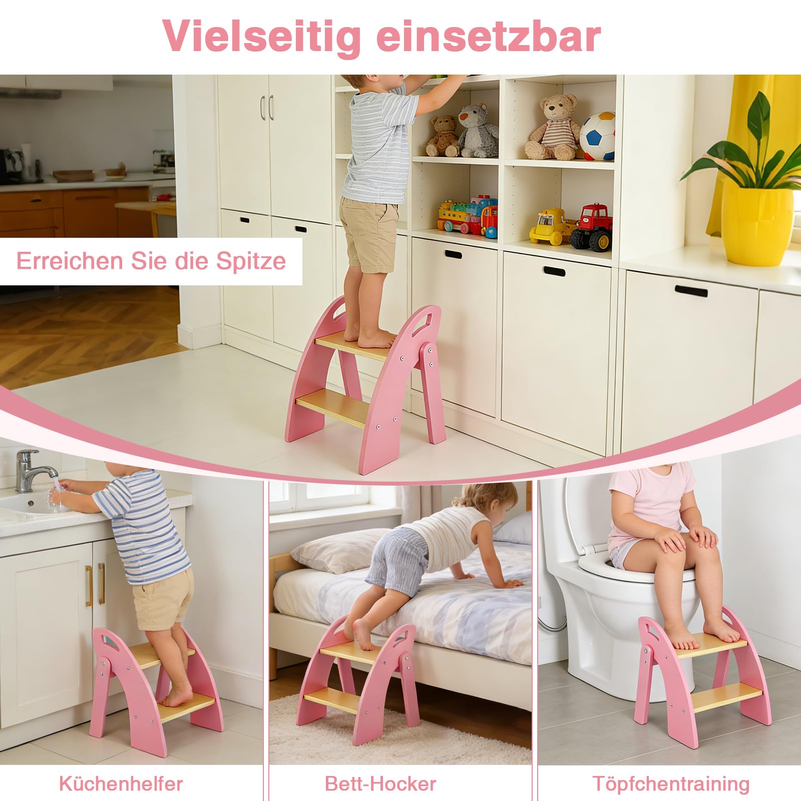 Sgabello per bambini a 2 gradini, pieghevole, in legno, con maniglia, portata fino a 135 kg, per bagno, lavandino, cucina, camera da letto, rosa