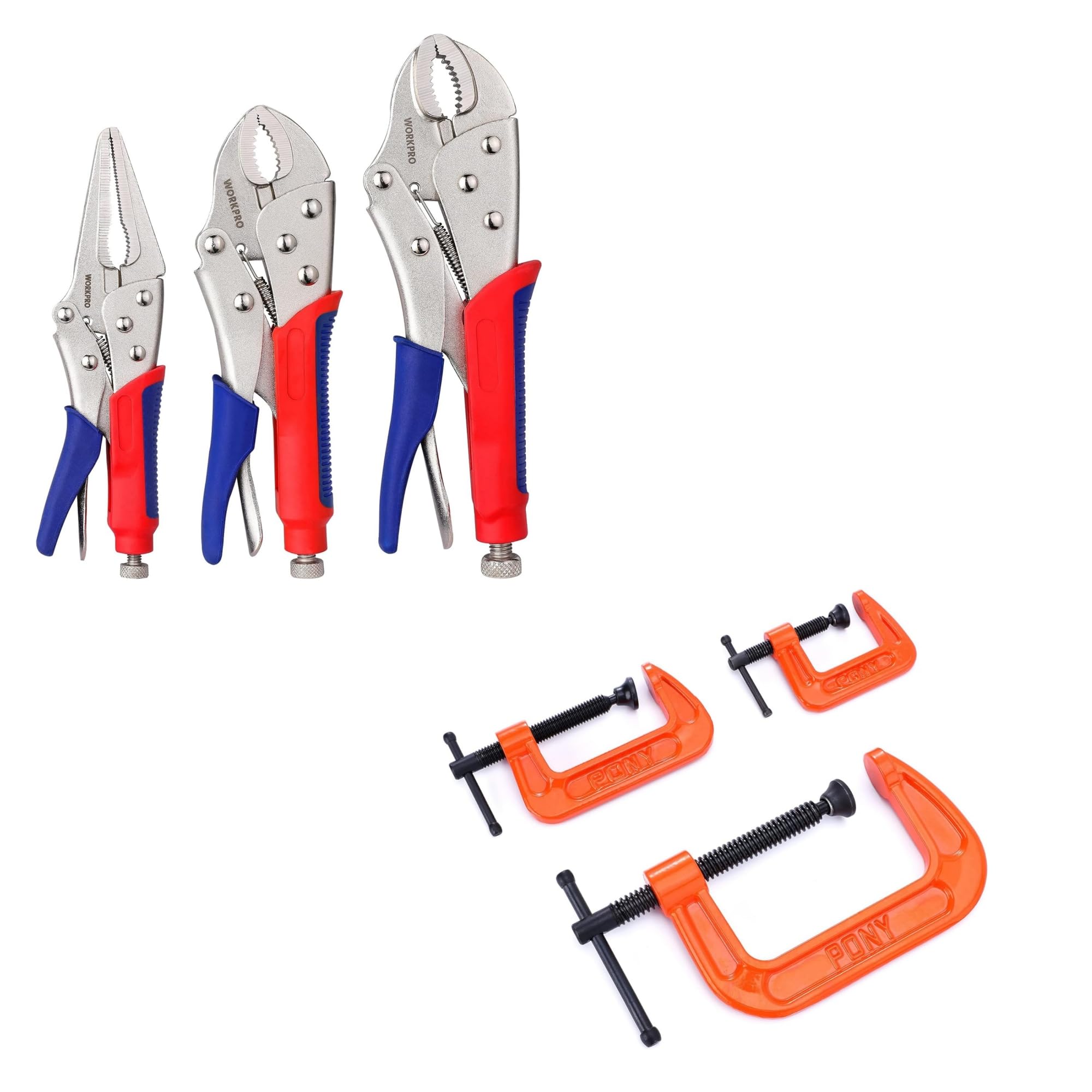 WORKPRO 3-piece Locking Pliers Set and PONY Malleable Iron C-Clamp Set