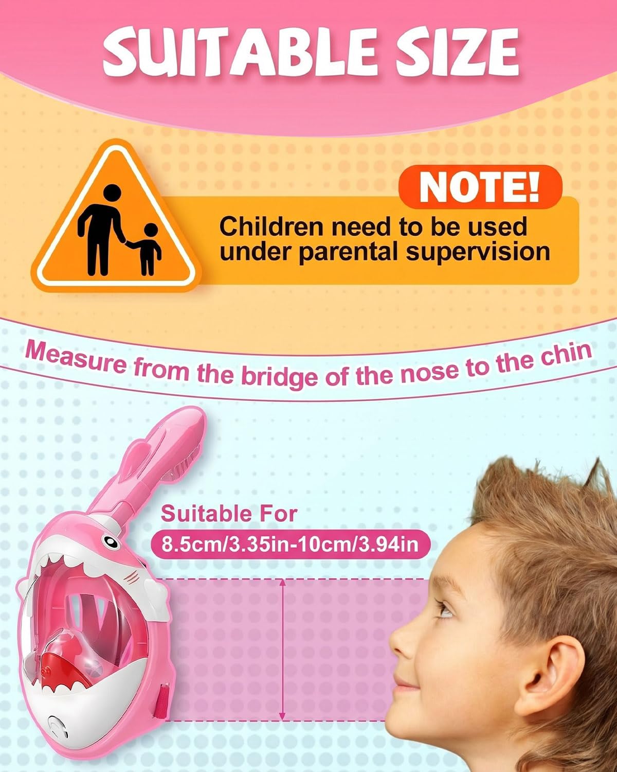 Máscara de esnórquel para niños, diseño de cara completa, vista panorámica de 180°, máscara de esnórquel para niños con sistema de parte superior seca, antivaho y antifugas, máscara de buceo