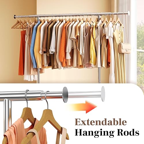 Vista 13 de HOKEEPER Perchero de ropa rodante para colgar ropa, perchero portátil con ruedas bloqueables, perchero comercial resistente para dormitorio, sala