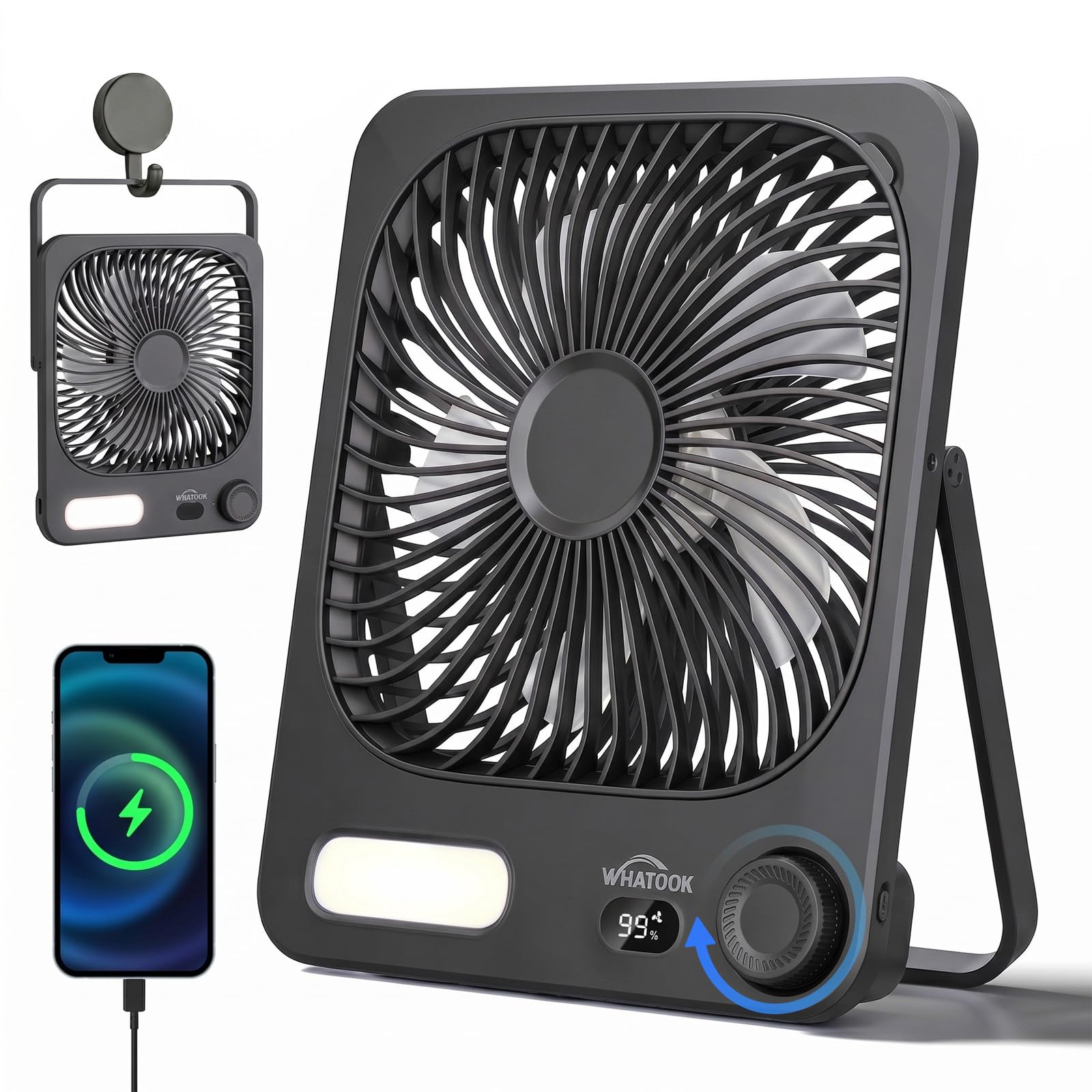 WHATOOK Desk Fan Rechargeable: 10000mAh 40H+ Runtime Silent Portable USB C Desktop Fans with 1-100 Stepless Speed,Warm Night,15s Auto-sleep Display, Fast Charge for Travel Room Camping Essentials