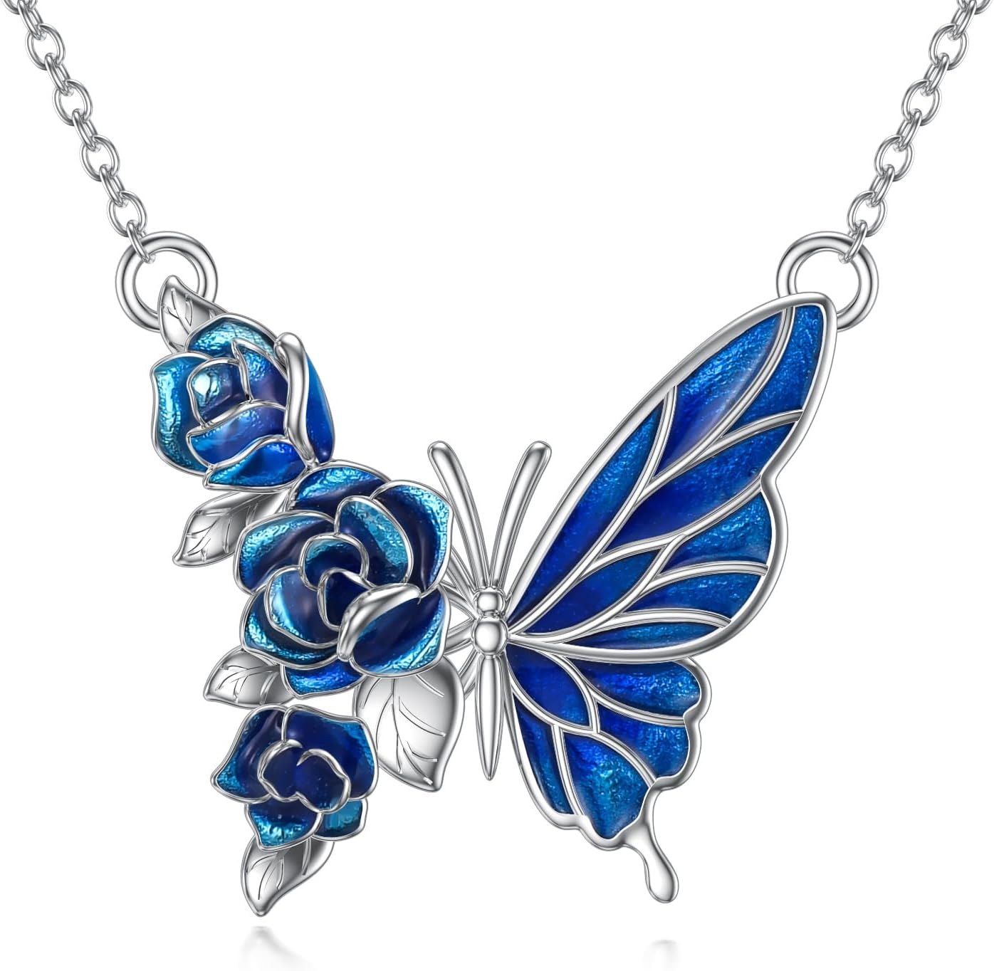 VONALA Butterfly Necklace 925 Inlaid Silver Butterfly Pendant Blue Rose Yellow Daisy Wave Dot Butterfly Necklace Jewerly Women's Gift