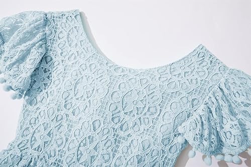 Miniatura 5 de Niyage Vestido sin espalda para niñas con espalda abierta, lazo de encaje, lazo en la espalda, pompón, mangas con volantes, vestidos de princesa