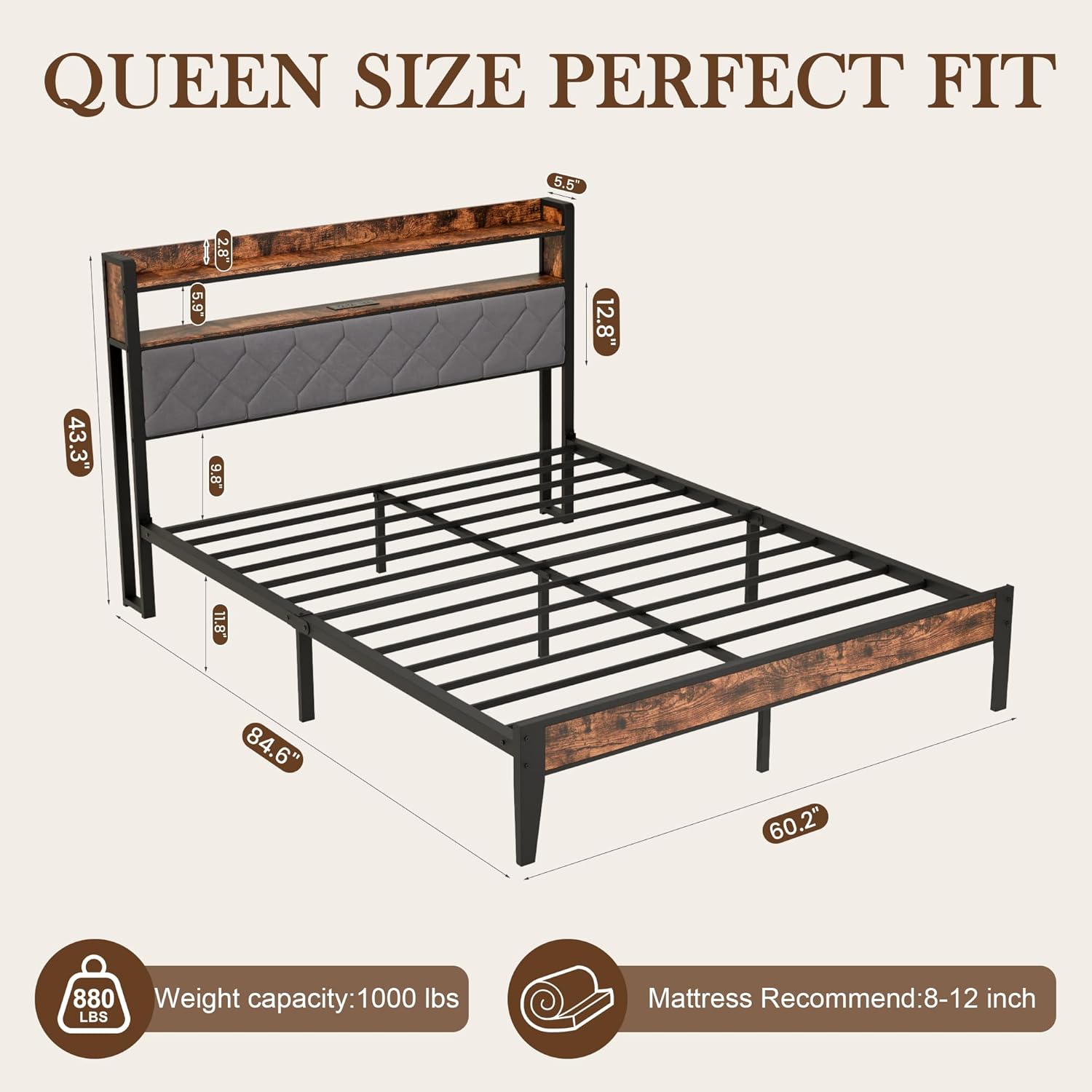 Queen Bed Frame with Upholstered Headboard, Modern Metal Platform Bed with 2-Tier Storage Shelves and Charging Station, Heavy Duty Slats Support, No Box Spring Needed, Easy Assembly