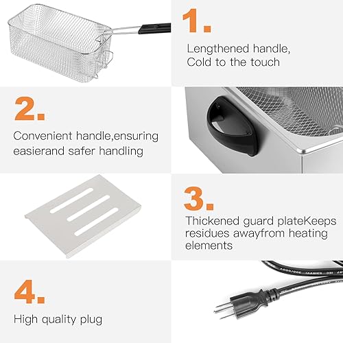 Miniatura 3 de Freidora eléctrica de doble tanque, freidora comercial de encimera de 2000 W, 2 tanques de acero inoxidable de 4.23 cuartos con cesta y drenaje,