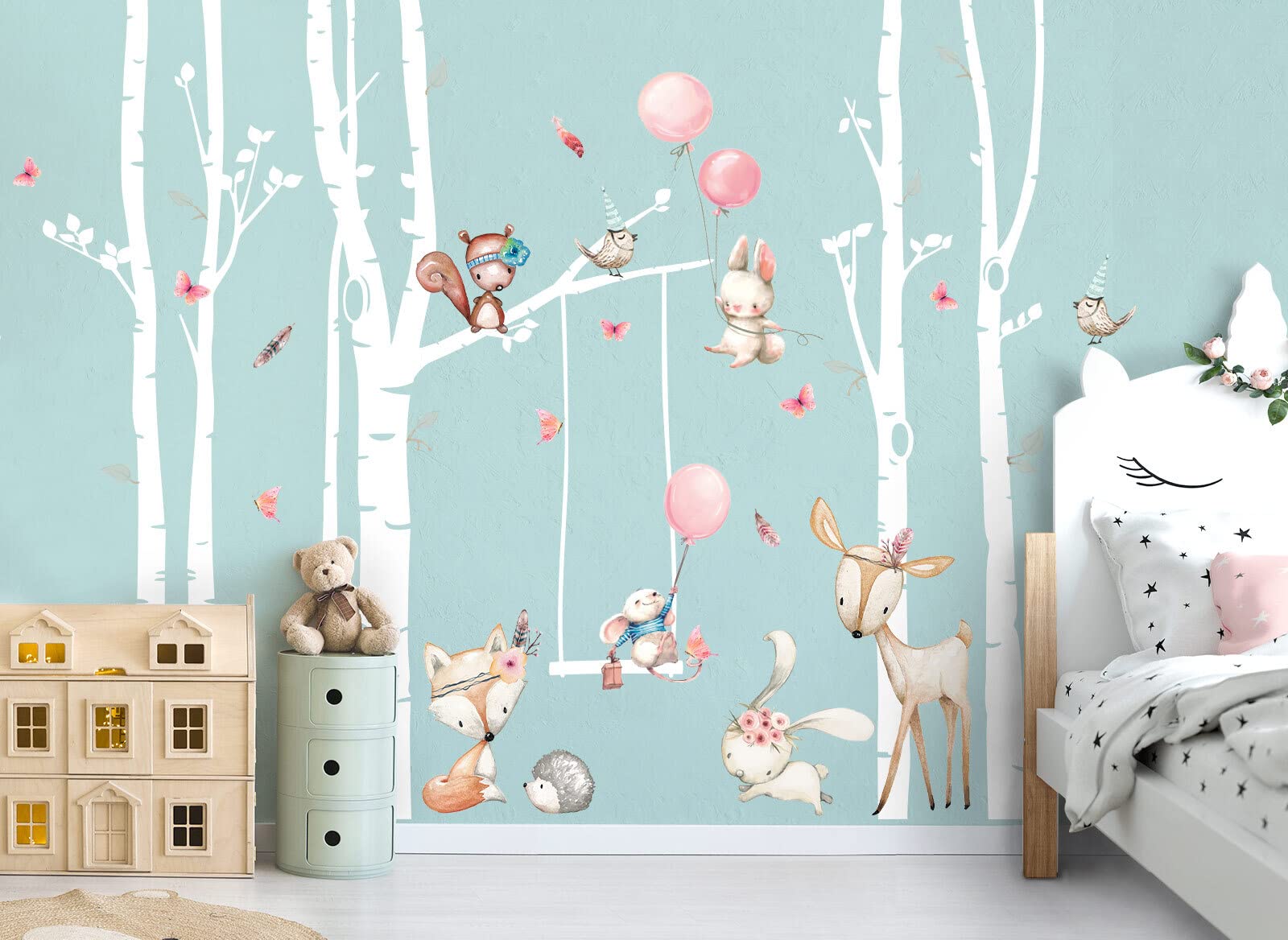 Grandora Wandtattoo Wandsticker Kinderzimmer Tiere Wald Birkenstämme Wandaufkleber Wanddeko Babyzimmer Spielzimmer Wandbild Kinder Mädchenzimmer Aufkleber DL759-4