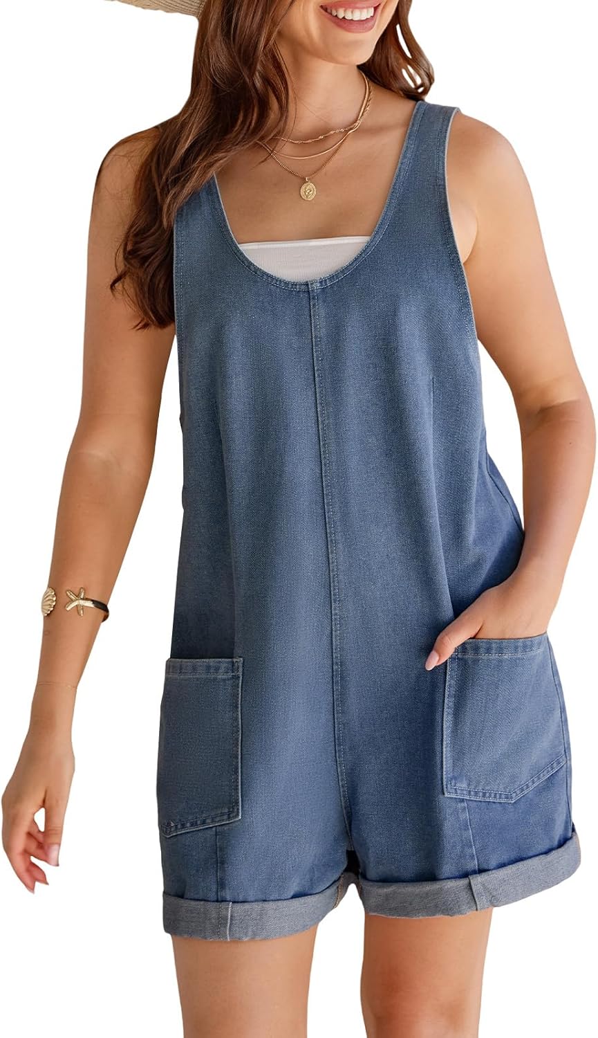 CUPSHE Women’s Denim Overalls Sleeveless Pockets Rolled Cuff Casual Summer Romper