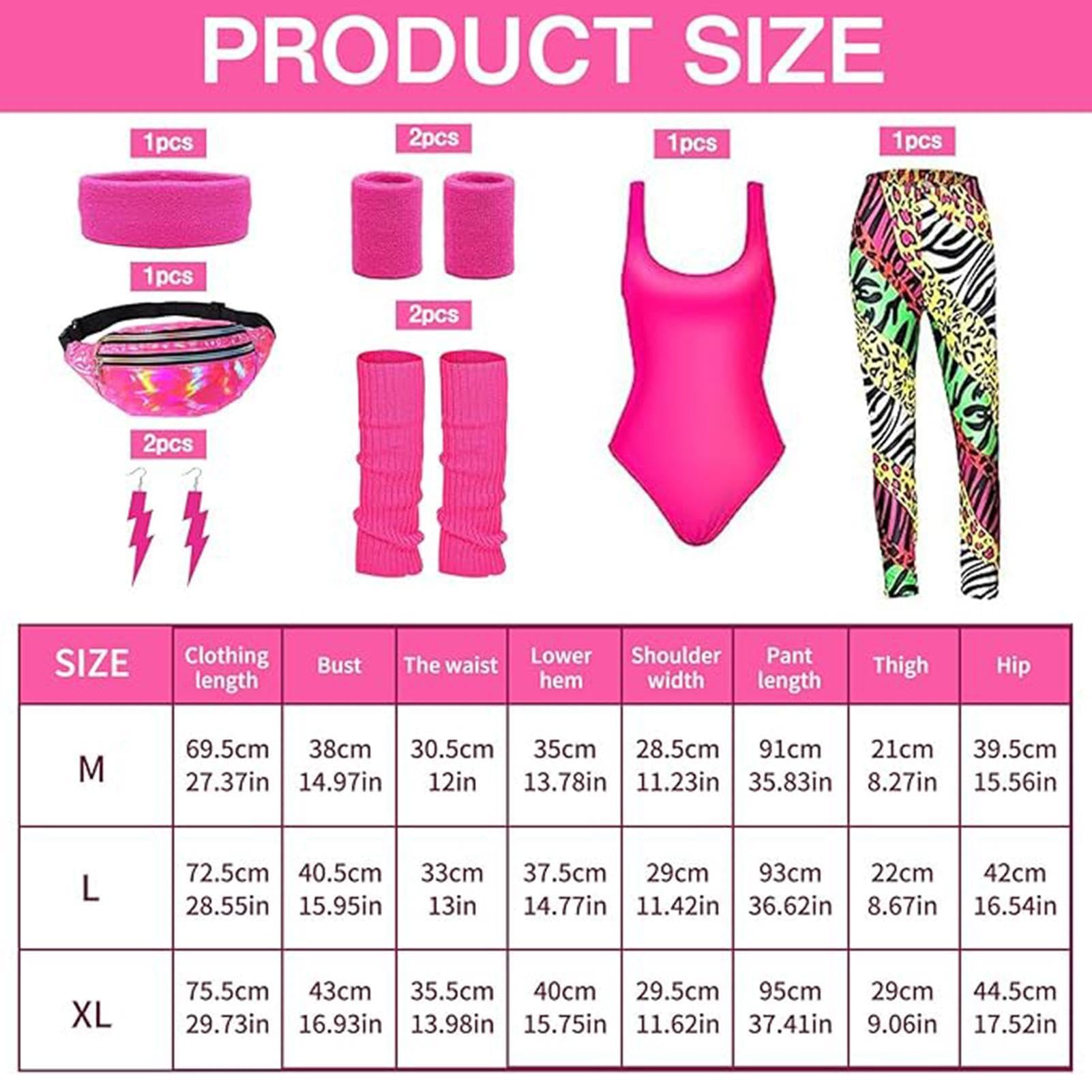 Générique Kostium treningowy w stylu lat 80. dla kobiet, kostiumy dla dorosłych w stylu lat 80. XX wieku, na imprezę dla kobiet, legginsy do biegania, legginsy, kolczyki, torba ba