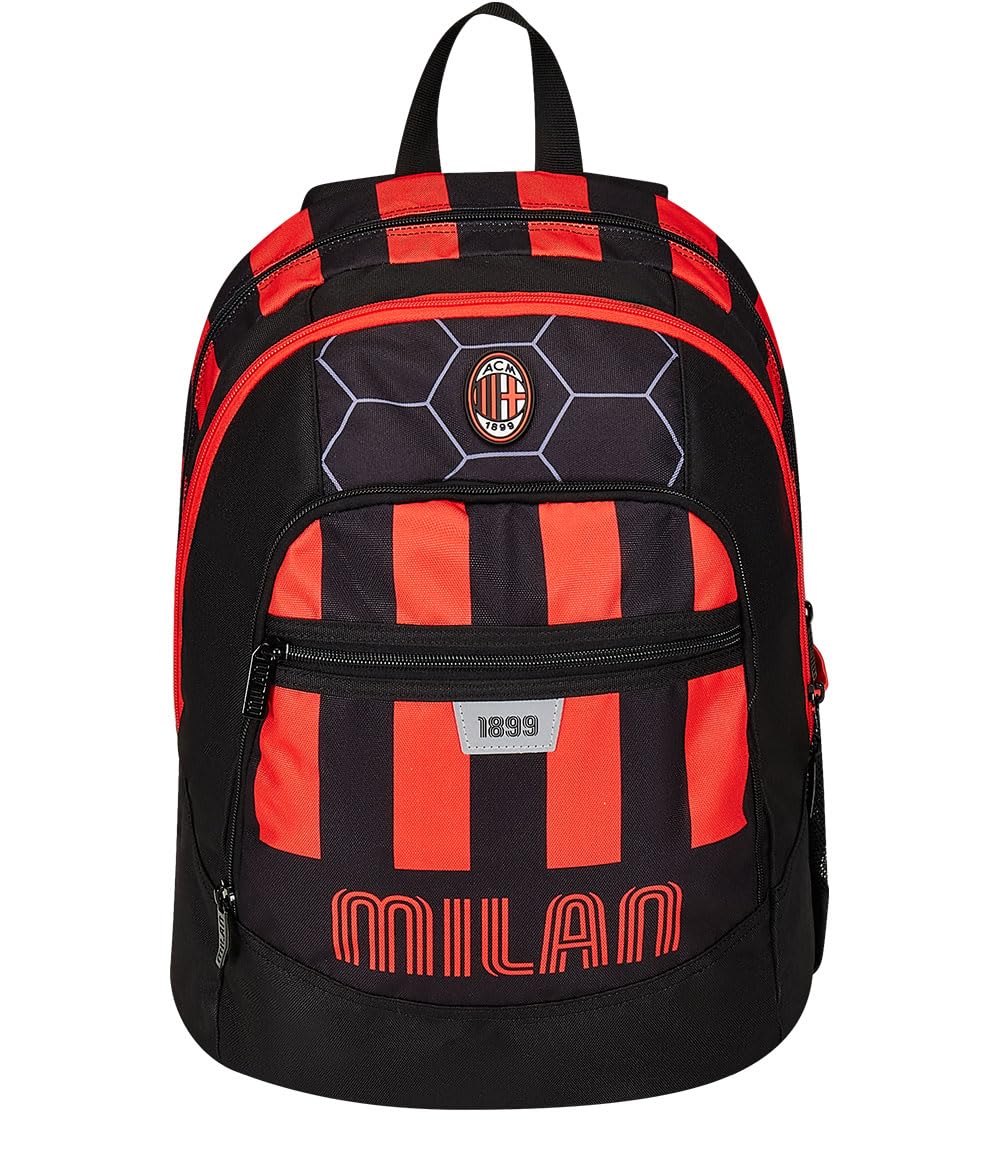 Zaino Scuola ADVANCED - A.C. MILAN Calcio - PATH OF VICTORY, Nero Rosso - Zaino Doppio Scomparto con Tasca Porta Borraccia - Zaino Scuola Bambino, Ragazzo