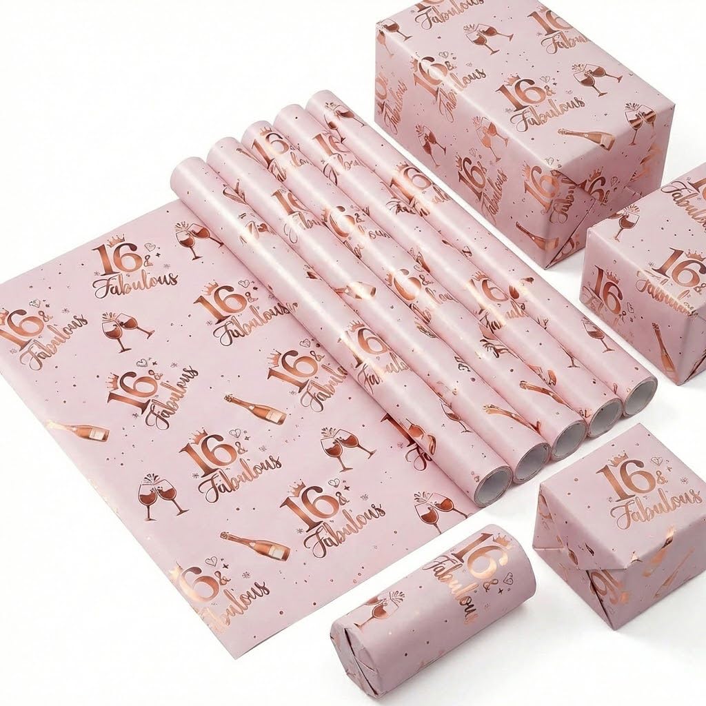 16th Birthady Wrapping Paper Sheets, 6 Sheets 70x50cm Rose Gold and Pink Happy Birthday Wrapping Paper Sweet Party Supplies for Birthday Gift Wrap,for Girls,for Her