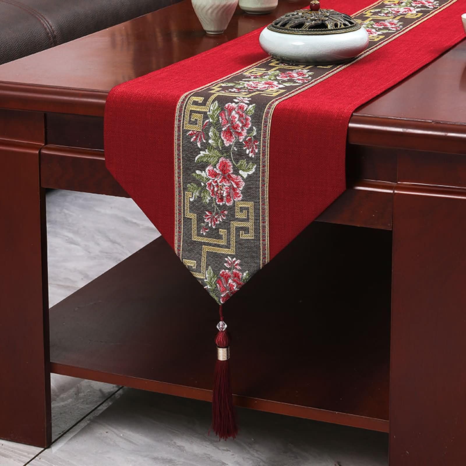 Chemin de Table Moderne Gris Rouge Floral,Lin,33x240cm