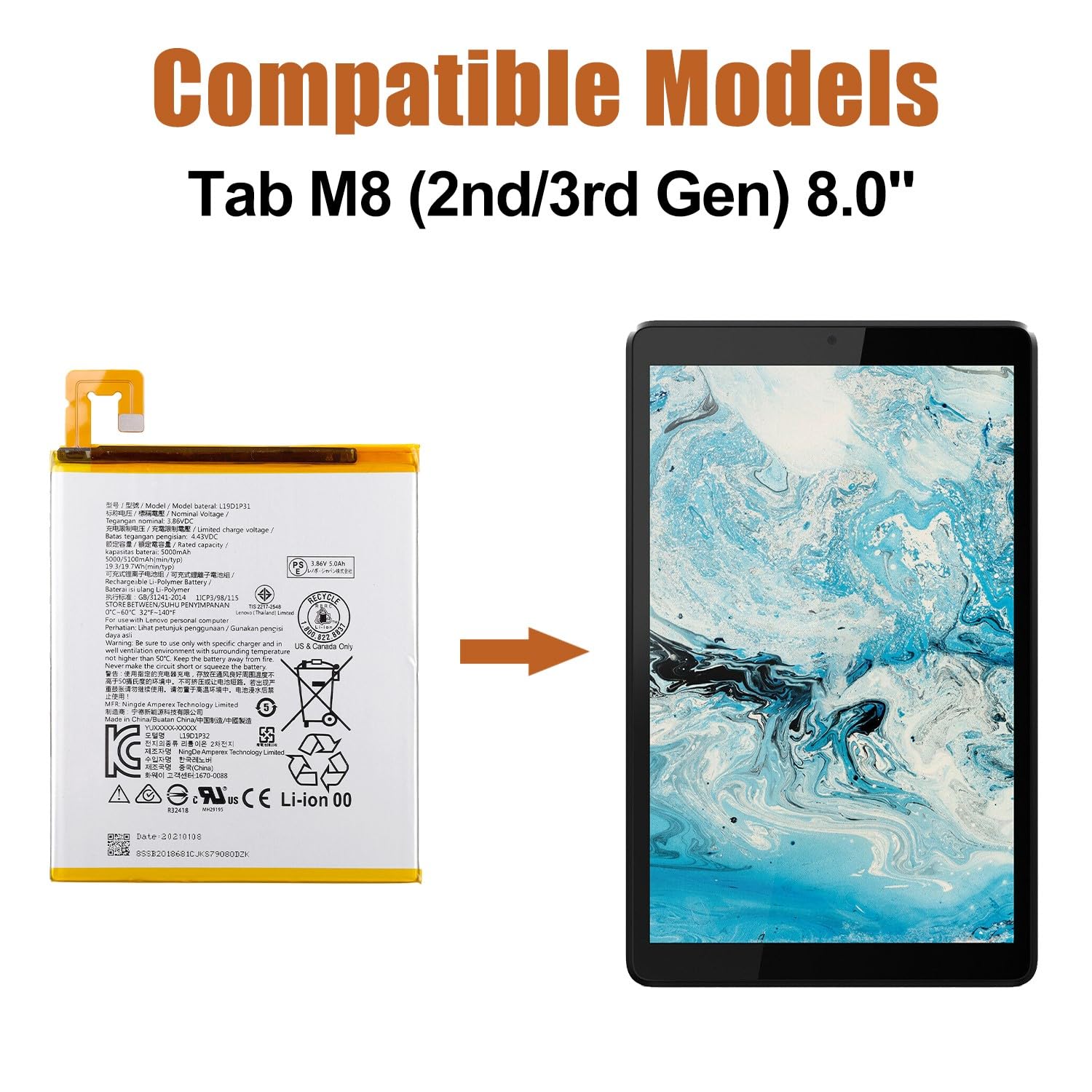 Duotipa 5000 mAh nowa bateria zamienna L19D1P31 kompatybilna z tabletem Len-OVO Tab M8 (2nd/3 generacji) 8,0" TB-8505X, TB-8505F, TB-8505FS akumulator z zestawem narzędzi naprawczych