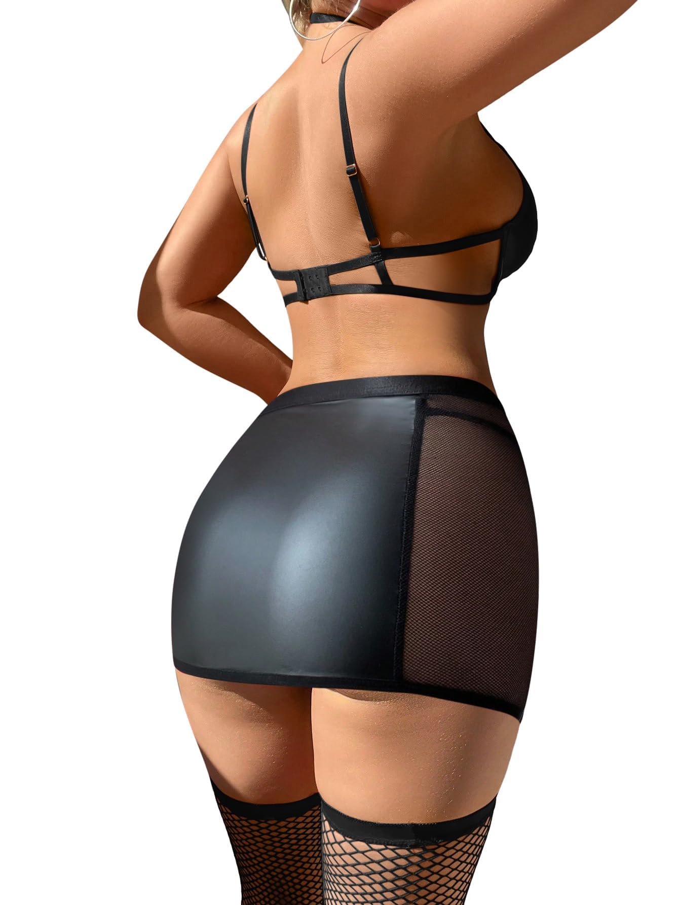 Foxiny Sexy Cutout Halter Underwire Leather Mesh Sheer Mini Skirt Stocking Lingerie Set 4 Piece Outfits: Small Matte Black