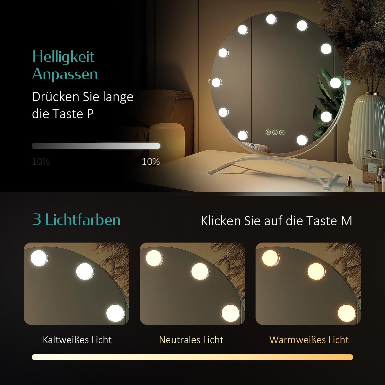 EMKE Hollywood Spiegel rund 50cm, Weiß, 3 Lichtfarben | Schminkspiegel mit Beleuchtung, 360 Grad drehbar, 9 LED Lampen, dimmbar, Speicherfunktion, Kosmetikspiegel für Schminktisch