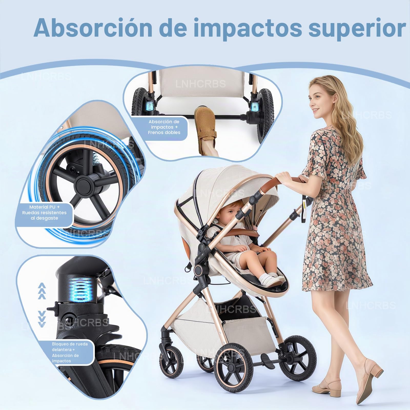 Cochecito 3 en 1, Cochecito Compacto con Mosquitera y Cubierta para la Lluvia, Silla de Paseo Ligera con asa Ajustable, Ruedas de PU, Adecuado de 0-3 Años,Beige