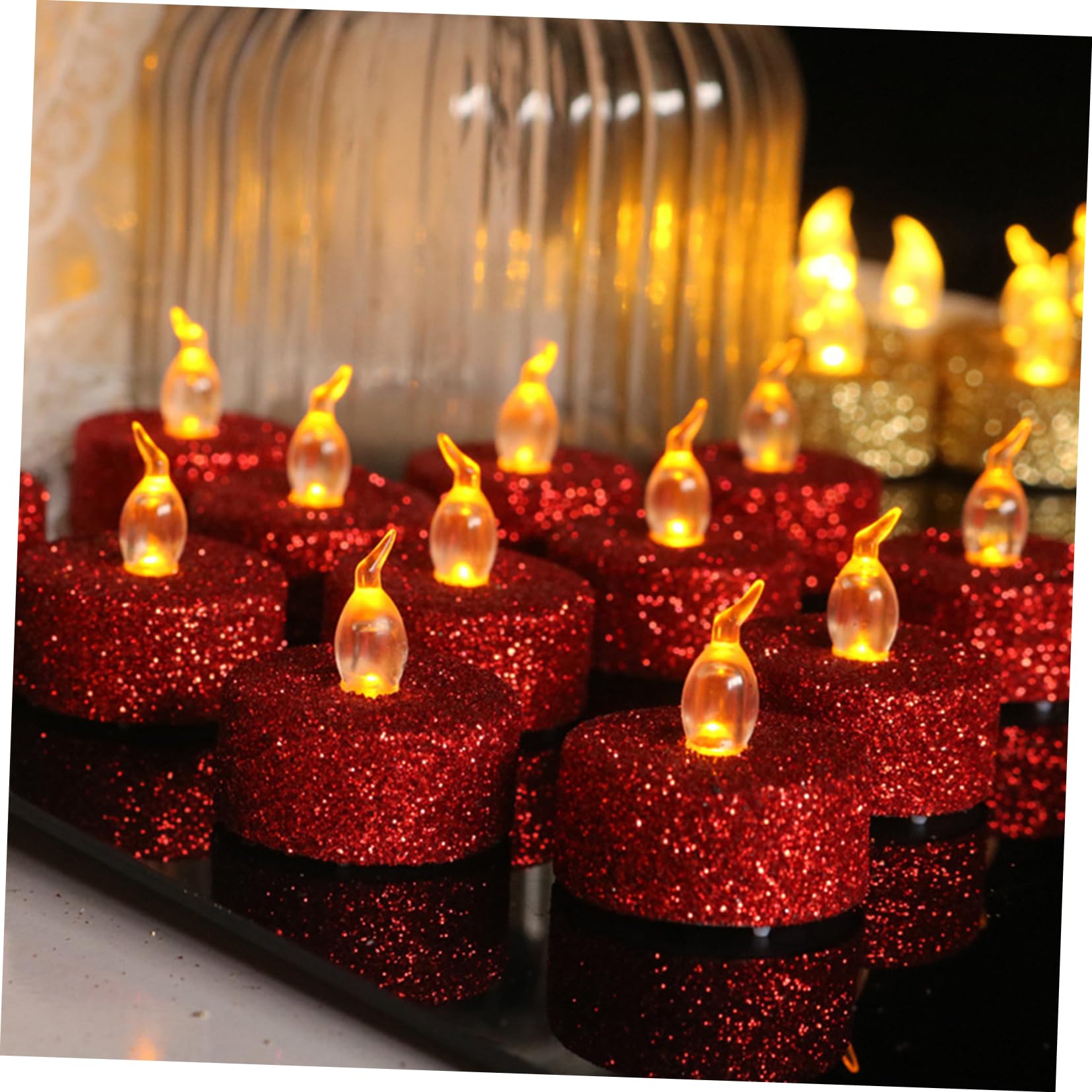 VICASKY 60 Pezzi Candele LED Fiamma con Glitter Decorative per Tè Batteria Eleganti Lampade da Notte per Romantiche e