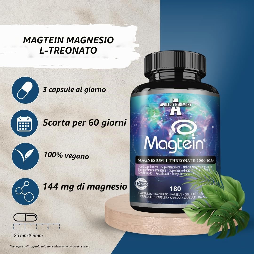 Magtein® Magnesio L-Treonato 144 mg per dose giornaliera - 180 capsule vegane - fornitura per 60 giorni - per il supporto delle funzioni cognitive - da Apollo's Hegemony