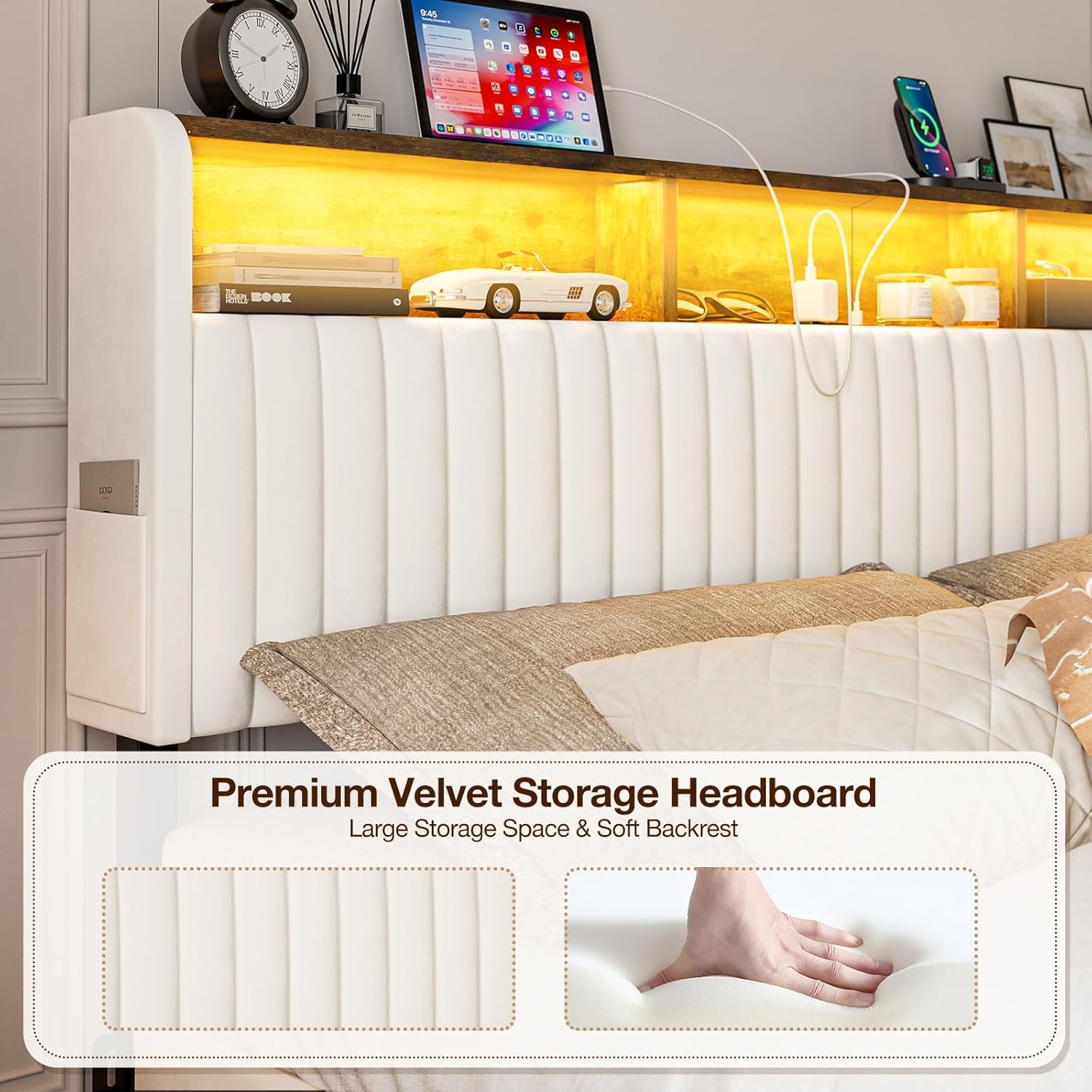 Upholstered Queen Size Headboard with Storage, Adjustable Height, Velvet Head Board Only with LED Lights & Charging Station, Bed Frame Brackets Adapter, Easy Assembly, White