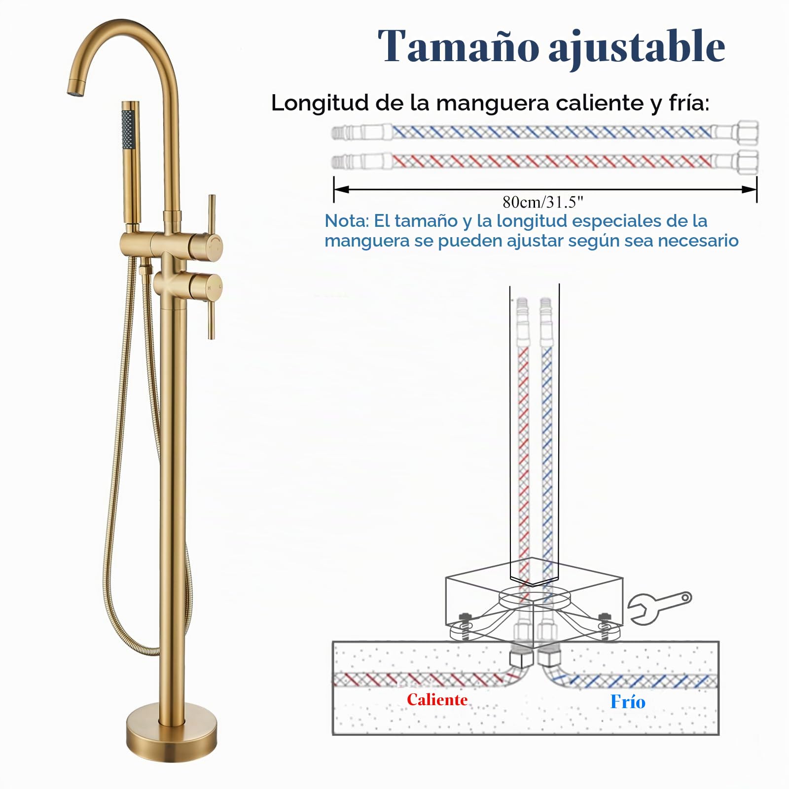 Grifo de bañera independiente para montaje en el suelo, grifo de ducha de alto flujo dorado cepillado con grifo mezclador de ducha de mano, boquilla giratoria