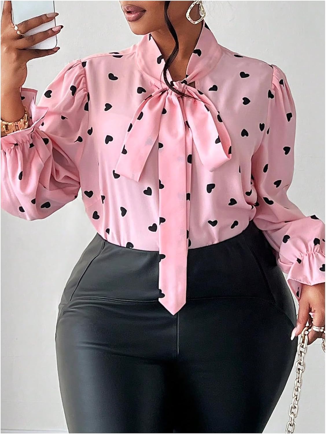 WDIRARA Women's Plus Size Heart Print Bow Tie Neck Long Sleeve Blouse Office Shirt Top - Image 4
