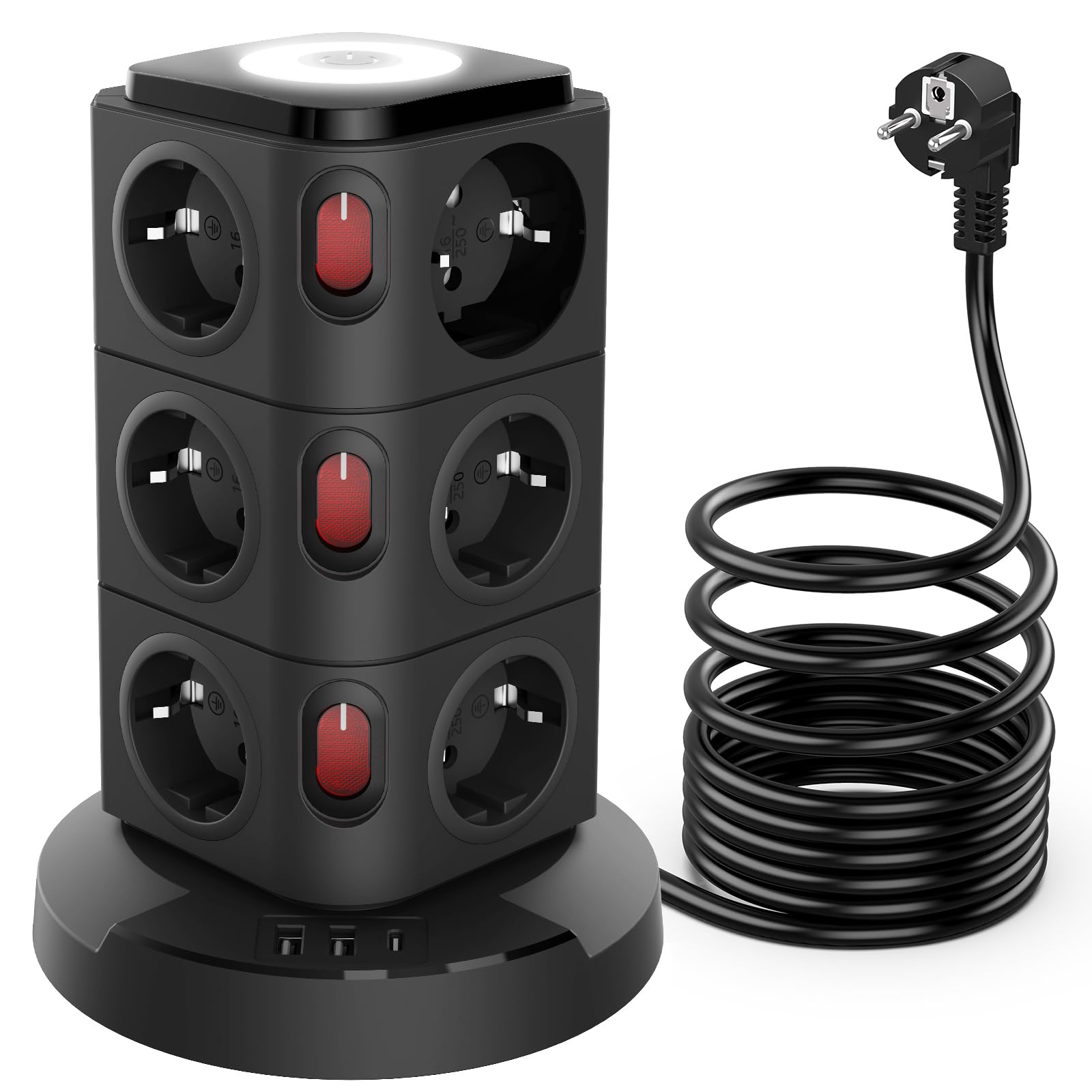 Acodot Listwa zasilająca z przełącznikiem, 16 w 1 Listwa zasilająca z wbudowanym urządzeniem odgromowym i inteligentnym interfejsem szybkiego ładowania USB C, lampka nocna przedłużacz 3M