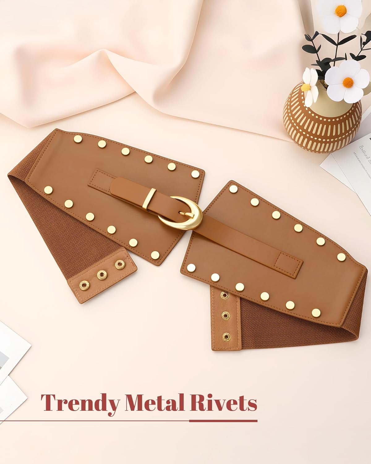Women Wide Elastic Belt Studded Rivets Stylish Waist Cinch Belt for Dresses Coat - Image 5