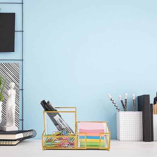 Miniatura 4 de Organizador de escritorio con 3 compartimentos, organizador de escritorio pequeño de vidrio para bolígrafos, lápices, tarjetas de visita, notas