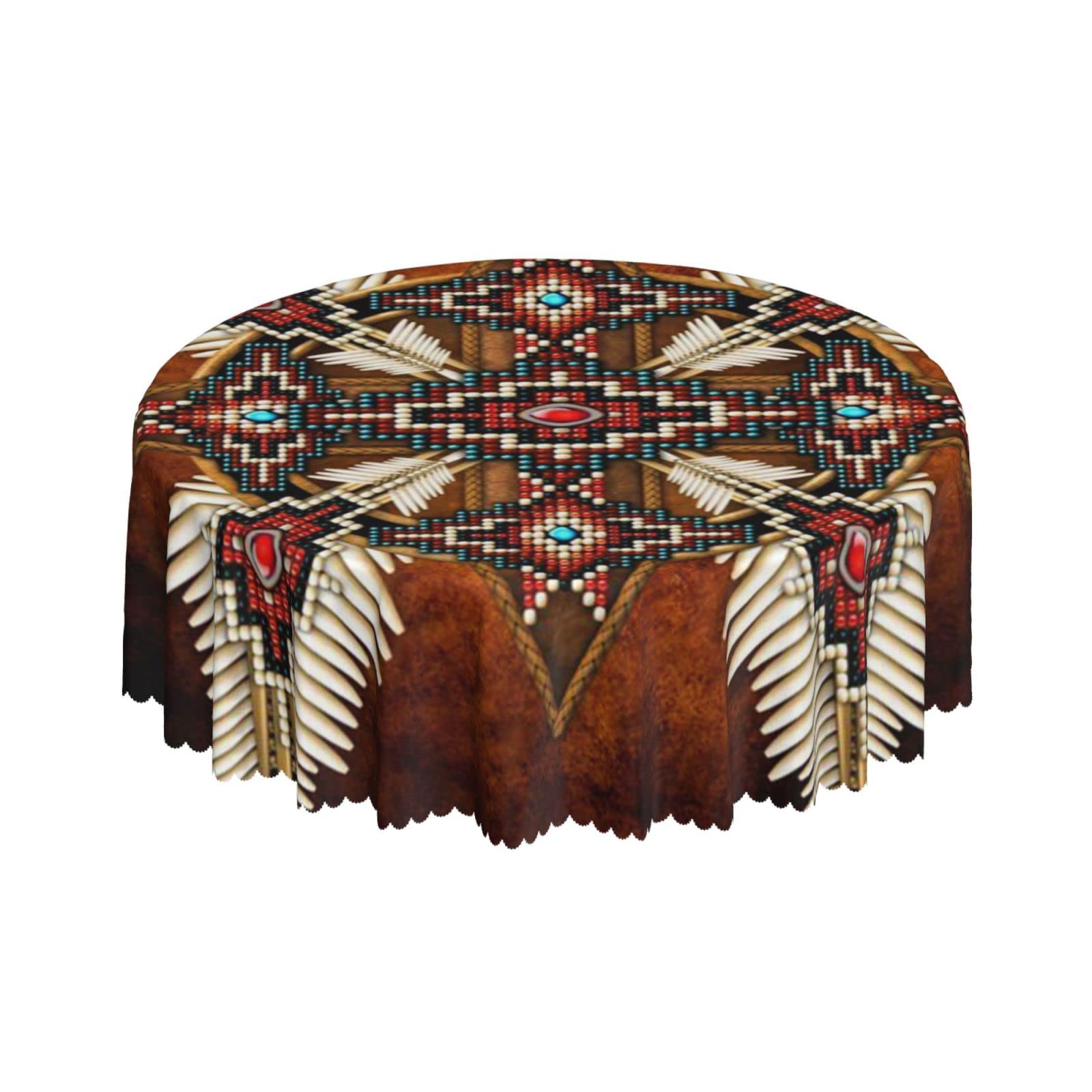 Lsjuee Native American Tribe Maroonx Round Tablecloth 60 Inch Printed Washable Tablecloth for Dining Party Holiday Fall Home Decorative