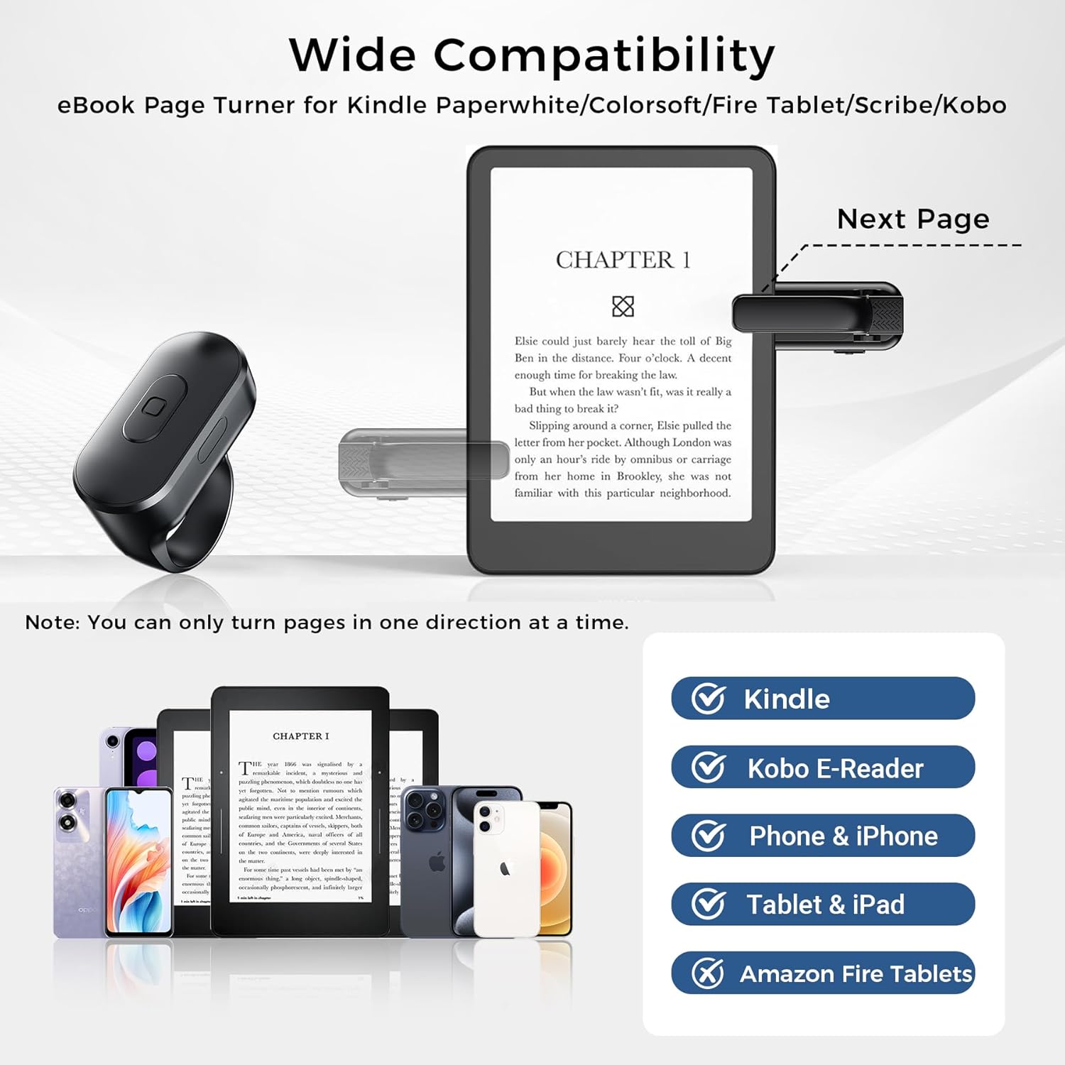 Floor Tablet Stand for Kindle Reading in Bed with Remote Page Turner Ring, Hands Free Tablet Arm Holder for Kindle Accessory, Compatible with iPhone Paperwhite eReader