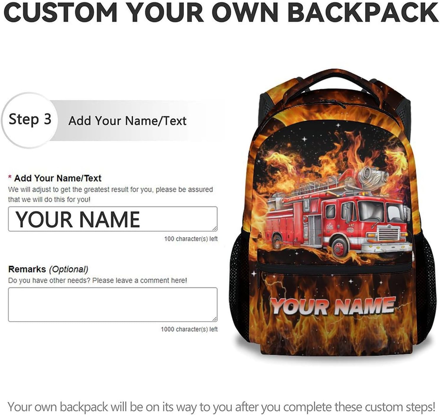 Personalized Backpack for Boys - 17 Inch Cool Fire Truck School Backpack for Kids - Large Capacity Bookbag for Elementary