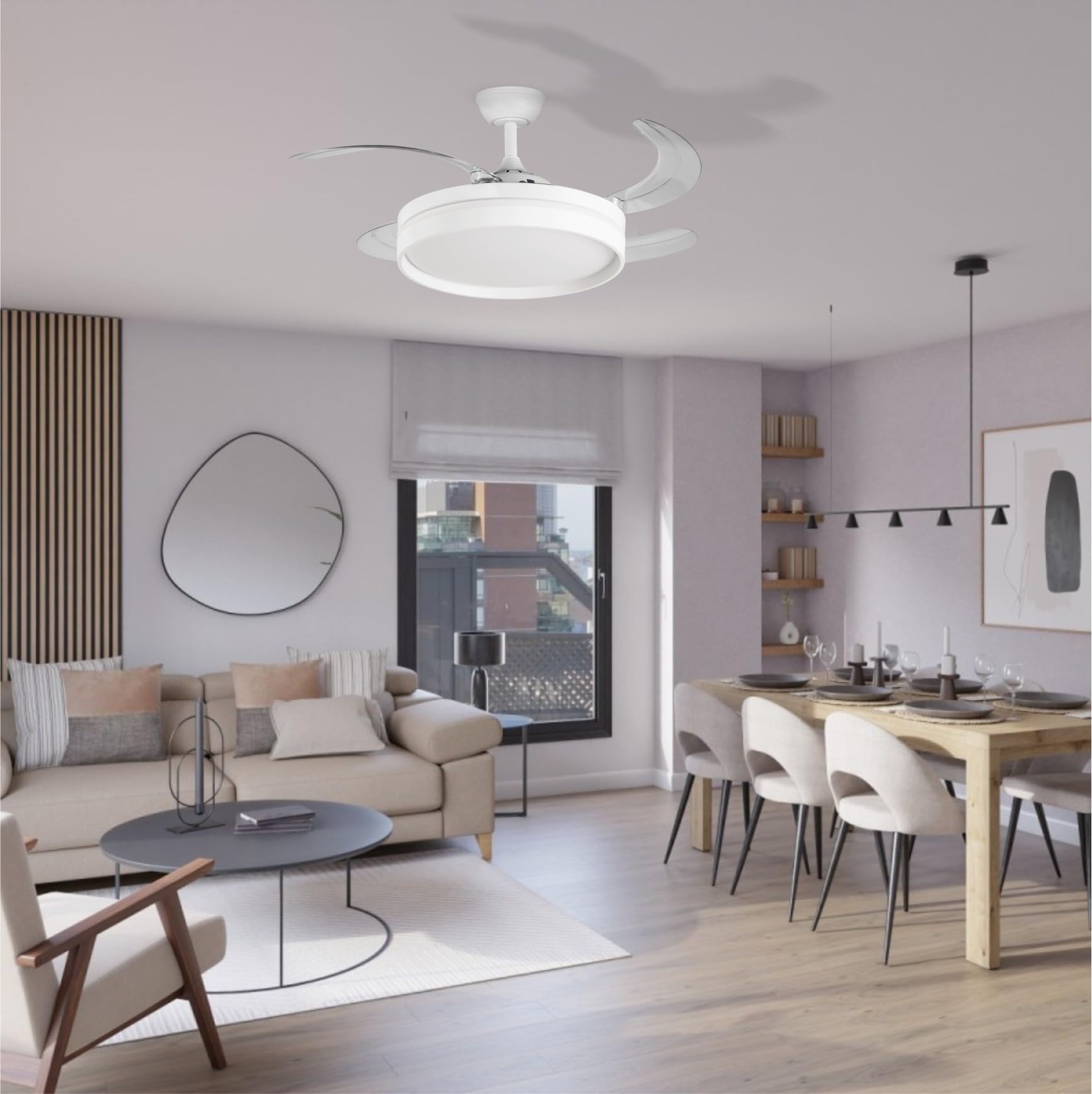 Bastilipo - Ventilatore da soffitto con pale retrattili, motore DC 40 W, telecomando, luce LED 3 colori 36 W, modello FALESIA