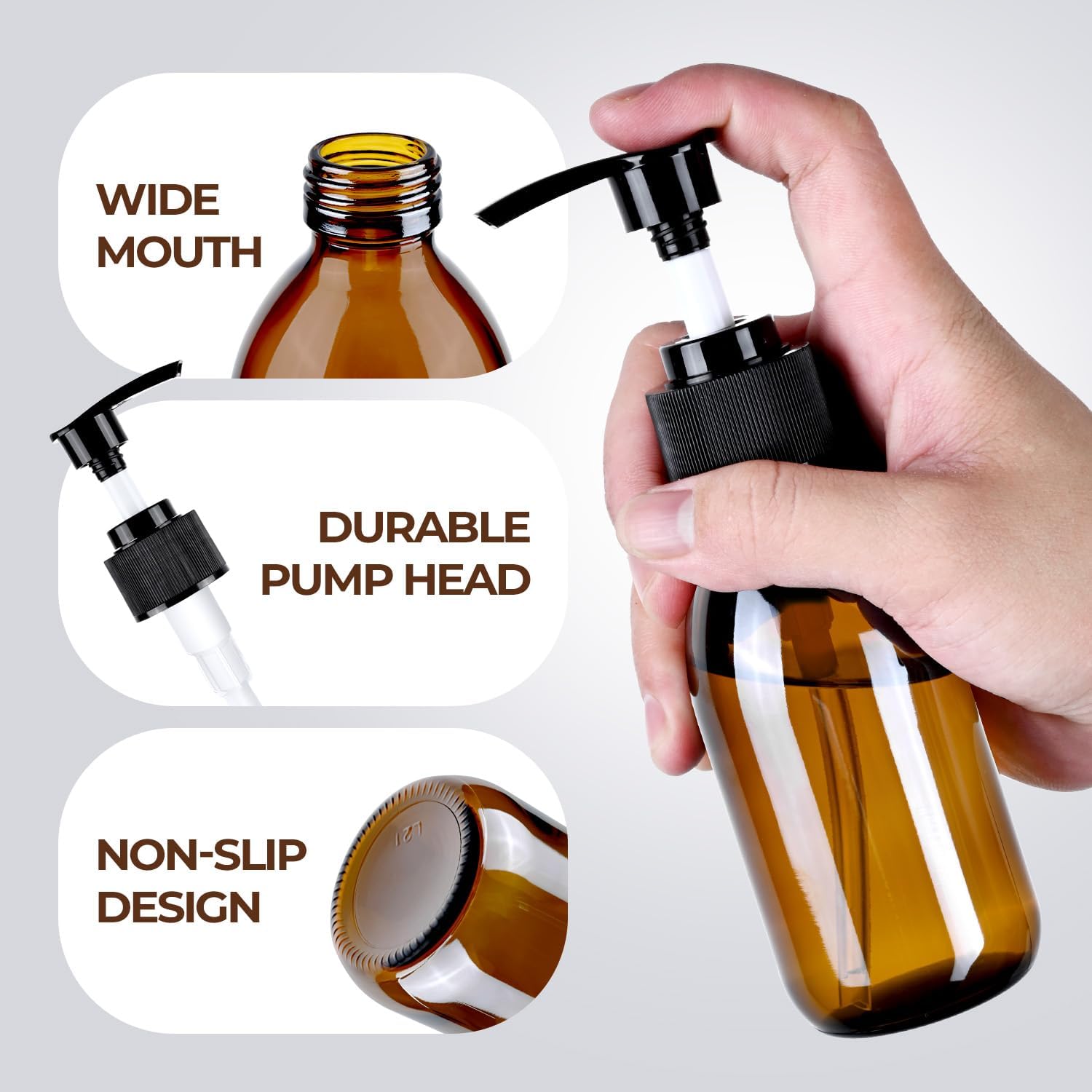 4 oz Amber Glass Pump Bottle, 125ml Small Lotion Dispenser Bottle for Body Massage Oil, Refillable Empty Hand and Dish Soap Dispensers Set with Storage Caps, Labels - 3 Pack - Image 5