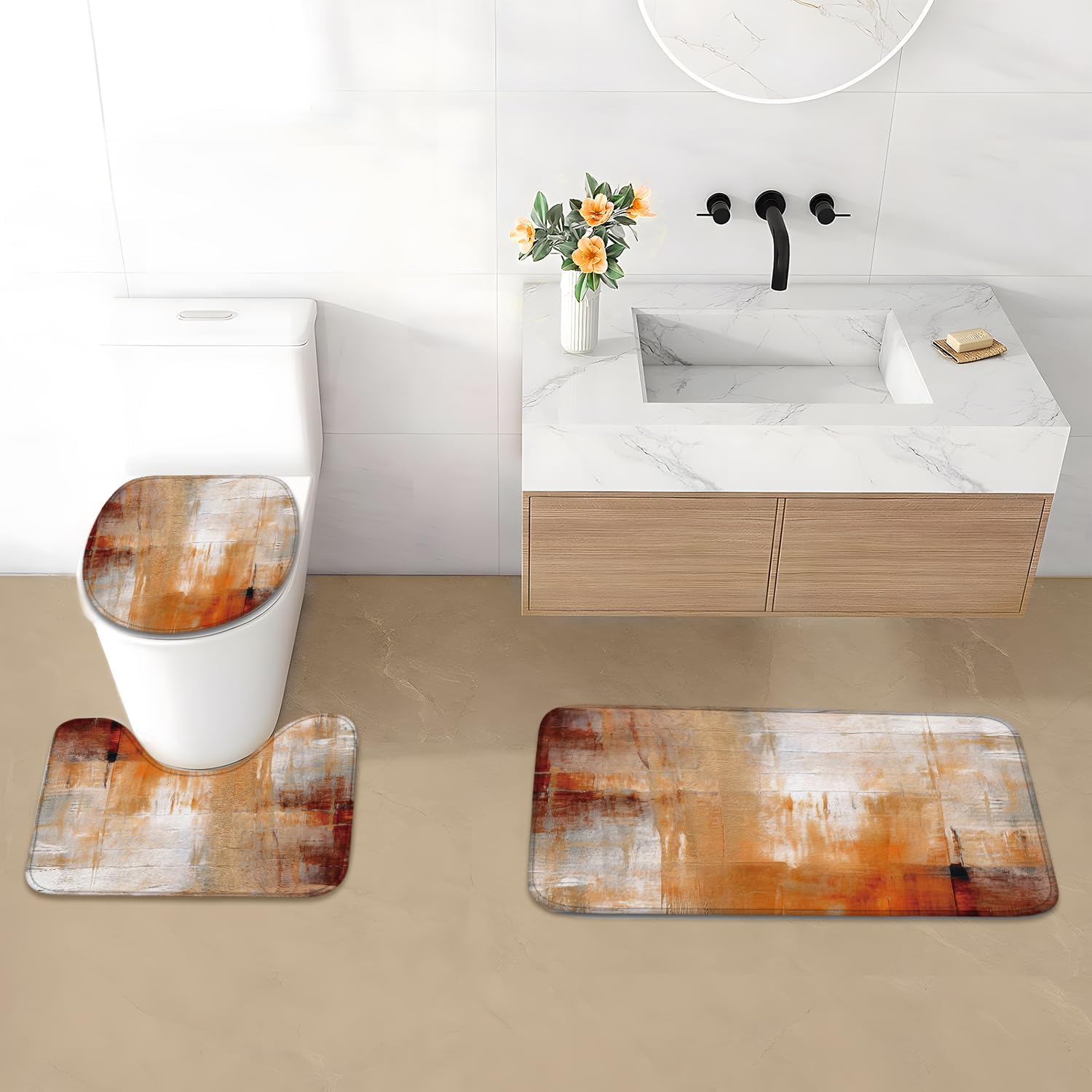 4Pcs Orange Shower Curtain Set, Rustic Vintage Burnt Orange Grey Abstract Bathroom Shower Curtain with Rugs and Accessories,with Non-Slip Rugs, Toilet Lid Cover and Bath Mat for Bathroom Set Decor