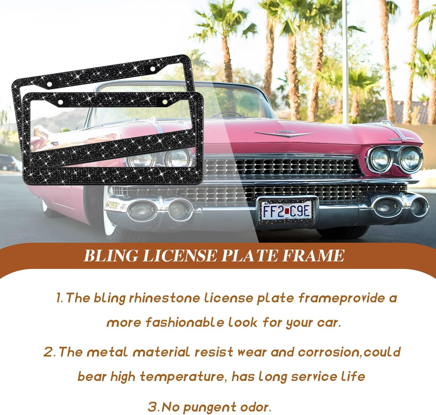 EWBN Bling License Plate Frame for Women, 2 Pack Premium Stainless Steel Diam...