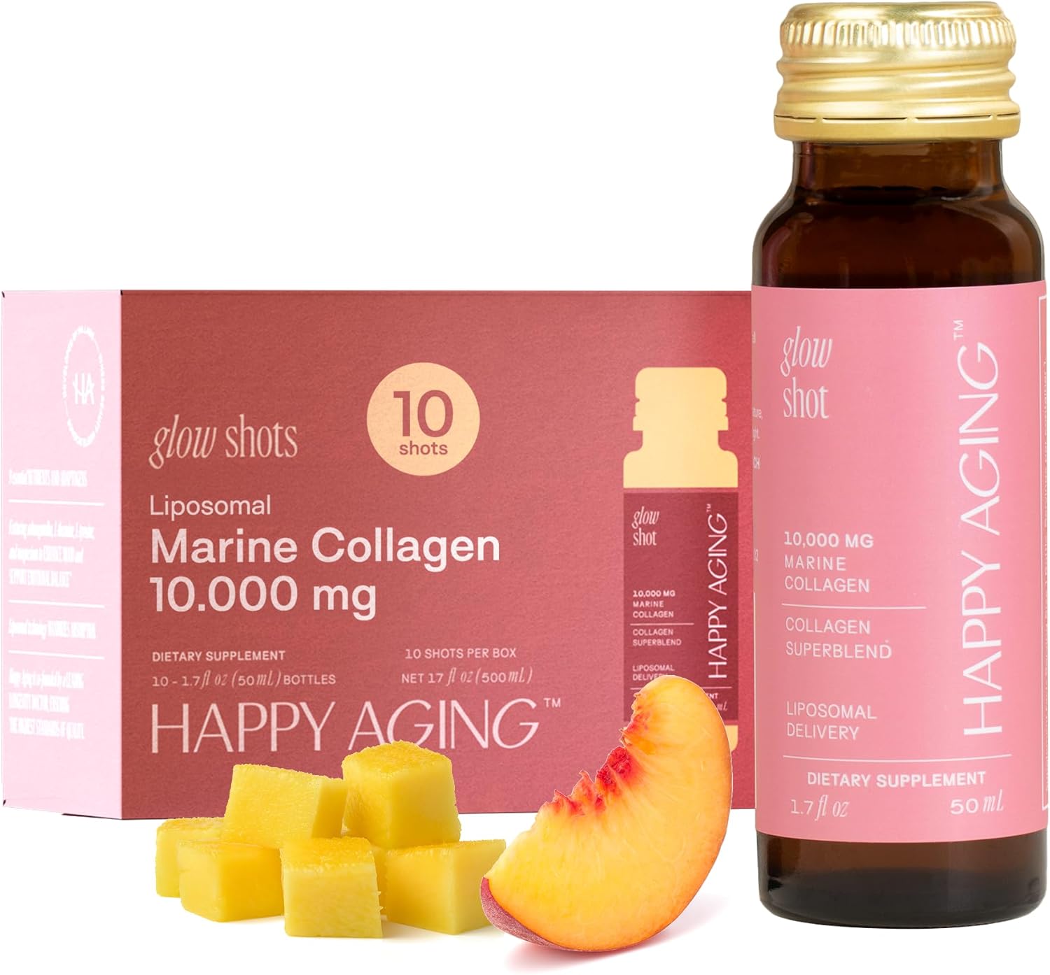 Happy Aging Marine Collagen Peptides Glow Shot 10,000mg - Liquid Collagen for Women with Liposomal Delivery - Promotes Skin Hydration, Elasticity & Radiance - Supports Hair & Nails, 10 Shots