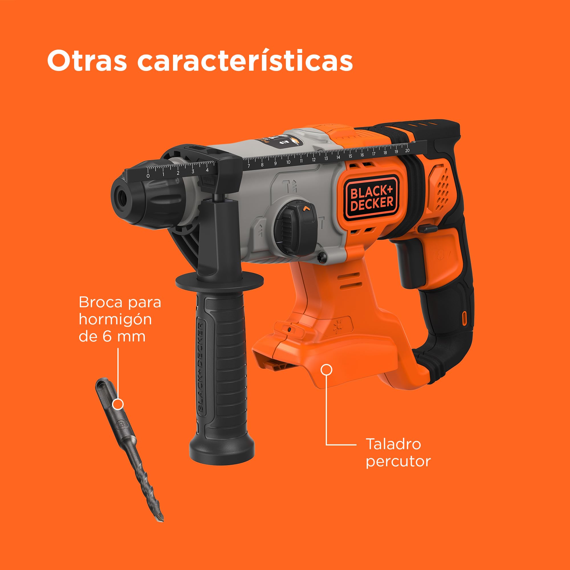 BLACK+DECKER Taladro percutor SDS-Plus a batería de 18V, energía de impacto de 1,2J, 3 modos, incluye broca para hormigón de 6mm y caja del kit, BCD900B-XJ