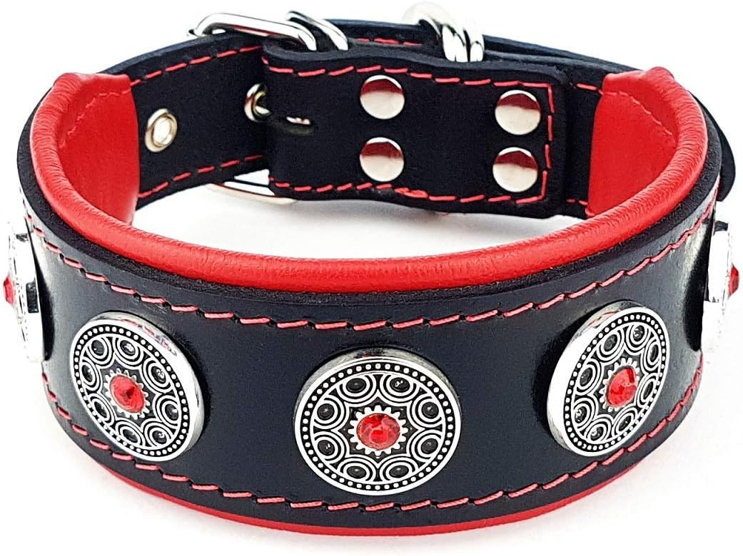 Bestia Bijou Leather Dog Collar - 2" Wide Soft Dog Collar with Orthopedic Cushion for Durability & Refined Comfort - Handmade Studded Black Leather with Blue Rhinestones for Strong Breeds