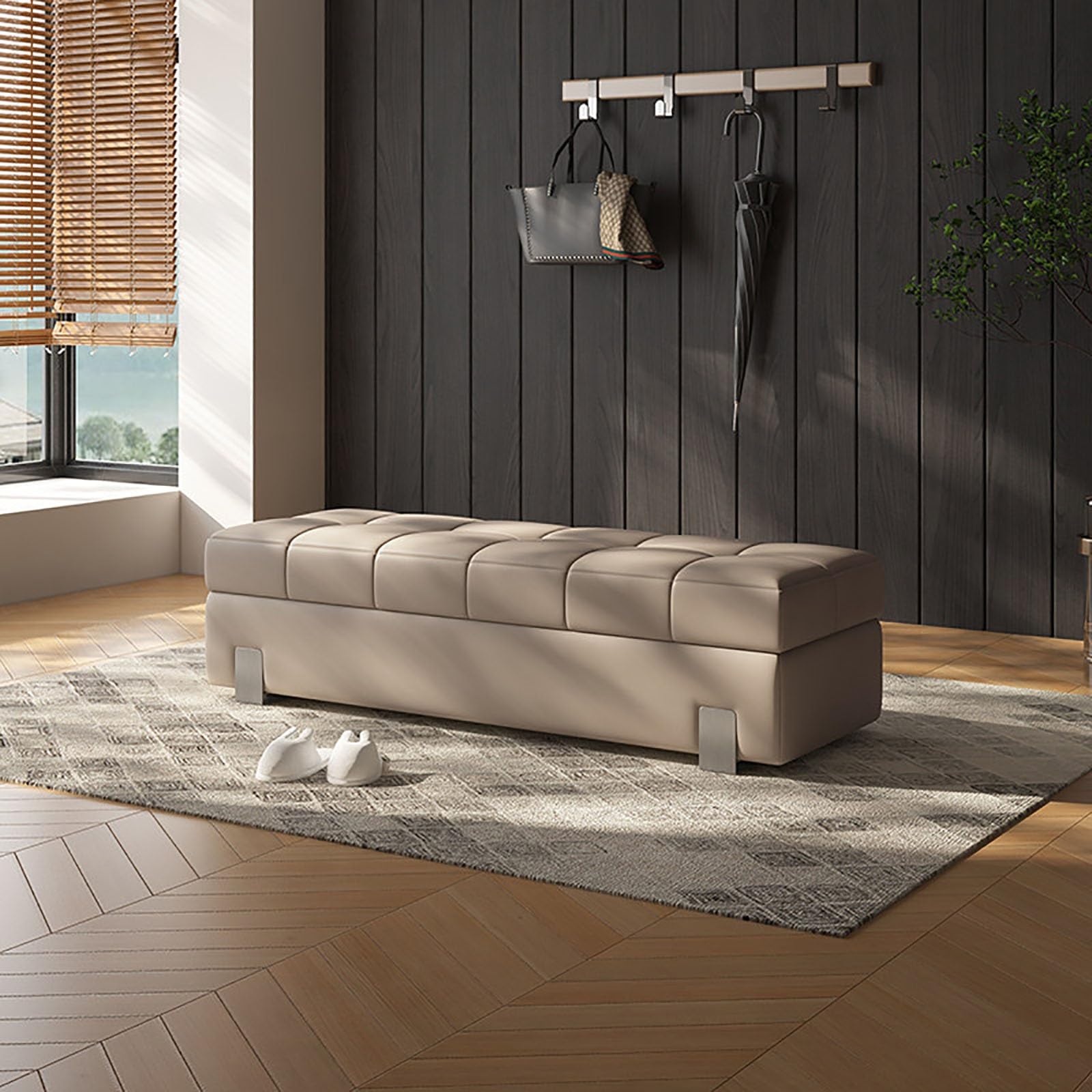 Banco con Almacenaje de Cuero de Silicona, Baúl Puff Taburete de Dormitorio Pie de Cama para Almacenamiento, Banqueta Zapatero de Entrada con Esponja de Alta Resiliencia(D,140cm/59in)