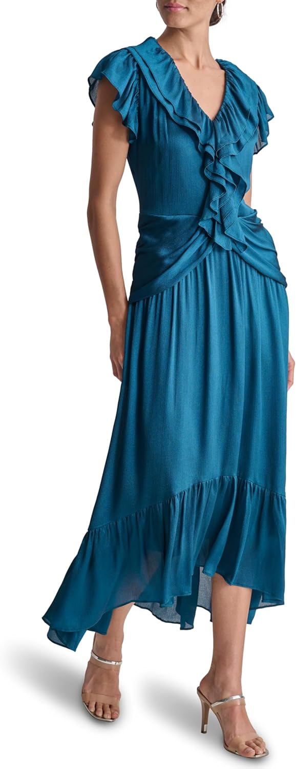 DKNY Women's Sleeveless V-Neck High Low Hem Ruffle Front Midi Dress - Image 2