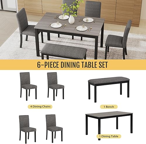 Miniatura 4 de Juego de mesa de comedor de madera maciza de 6 piezas, incluye 1 mesa de comedor, 4 sillas tapizadas y 1 banco, juego de mesa de comedor con patas