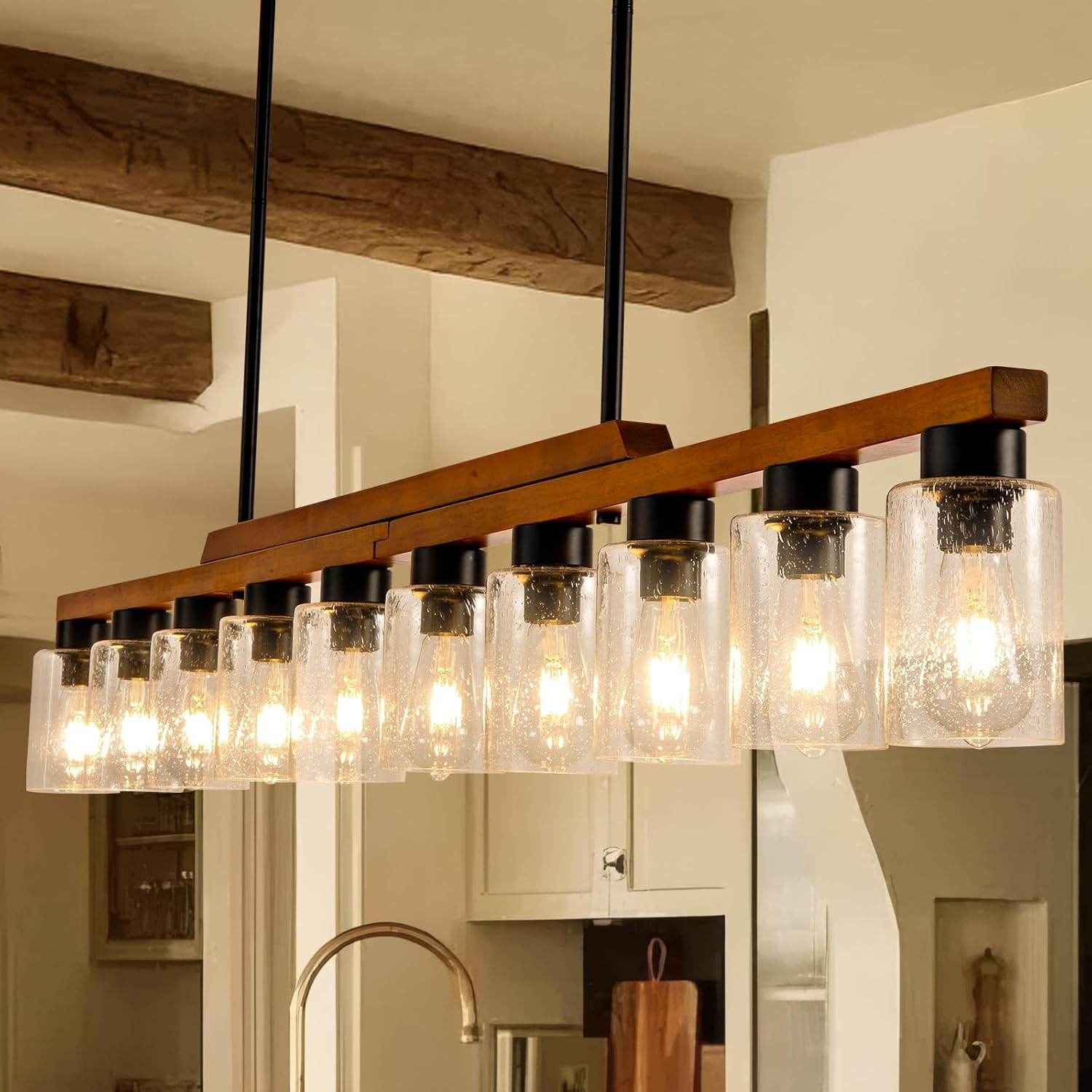 Modern Wood Glass Chandelier 3 Light Rustic Farmhouse Chandeliers Wood Island Linear Pendant Light Height Adjustable for Dining Room Living Room Kitchen (3 Light)