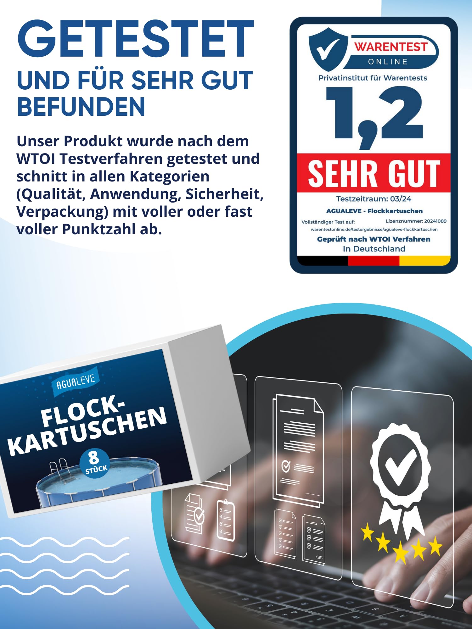 AGUALEVE® Flockmittel Pool Kartuschen 8 x 125g | flockt Verunreinigungen für klares Wasser| für Sandfilter, Filterbälle, Glasfilter UVM. | für Pools, Aufstellpools, Whirlpools | Made in Germany