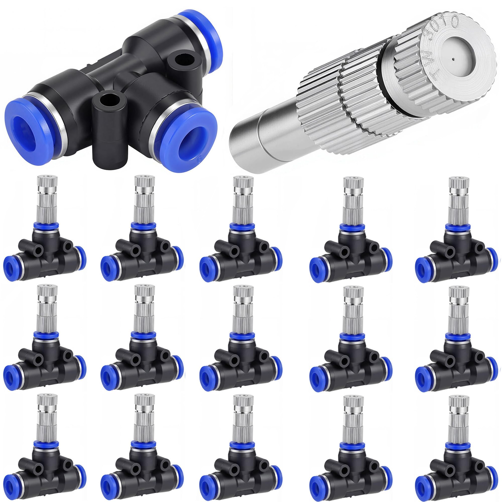 SOHNVWTGD 30 Pcs Brass Misting Nozzles Mister Replacement Nozzles with Fier Mesh & 1/4" Water Misting Nozzle Tees Kit, 0.012"/0.3mm Orifice Misting System Heads Sprayer for Outdoor Cooling System