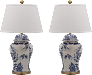 SAFAVIEH Lighting Collection Shanghai Chinoiserie Blue/ White Ginger Jar 29-inch Bedroom Living Room Home Office Desk Nightstand Table Lamp Set of 2 (LED Bulbs Included)