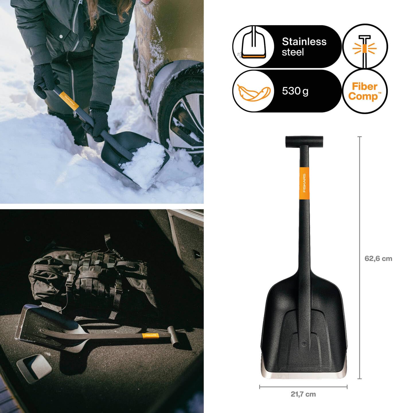 Fiskars Pala da Neve 63 cm Accessorio per Automobile Impugnatura a T Bordo in Acciaio Inox