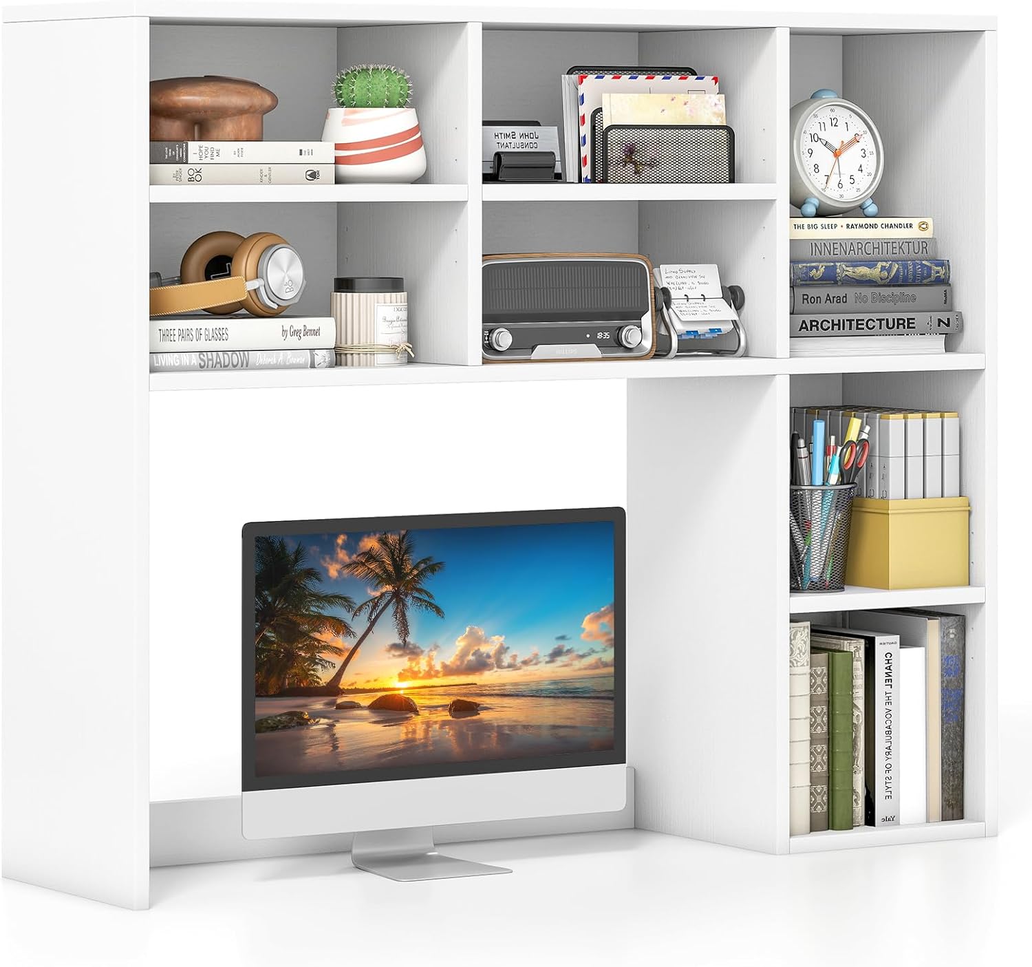 Giantex Desktop Bookshelf, Desk Hutch Dorm w/ 7 Cubes & 3 Adjustable Shelves, Desk Shelf for Up to 27" Computer Monitors, Wooden Desktop Storage Organizer for Dorm College Office Home (White)